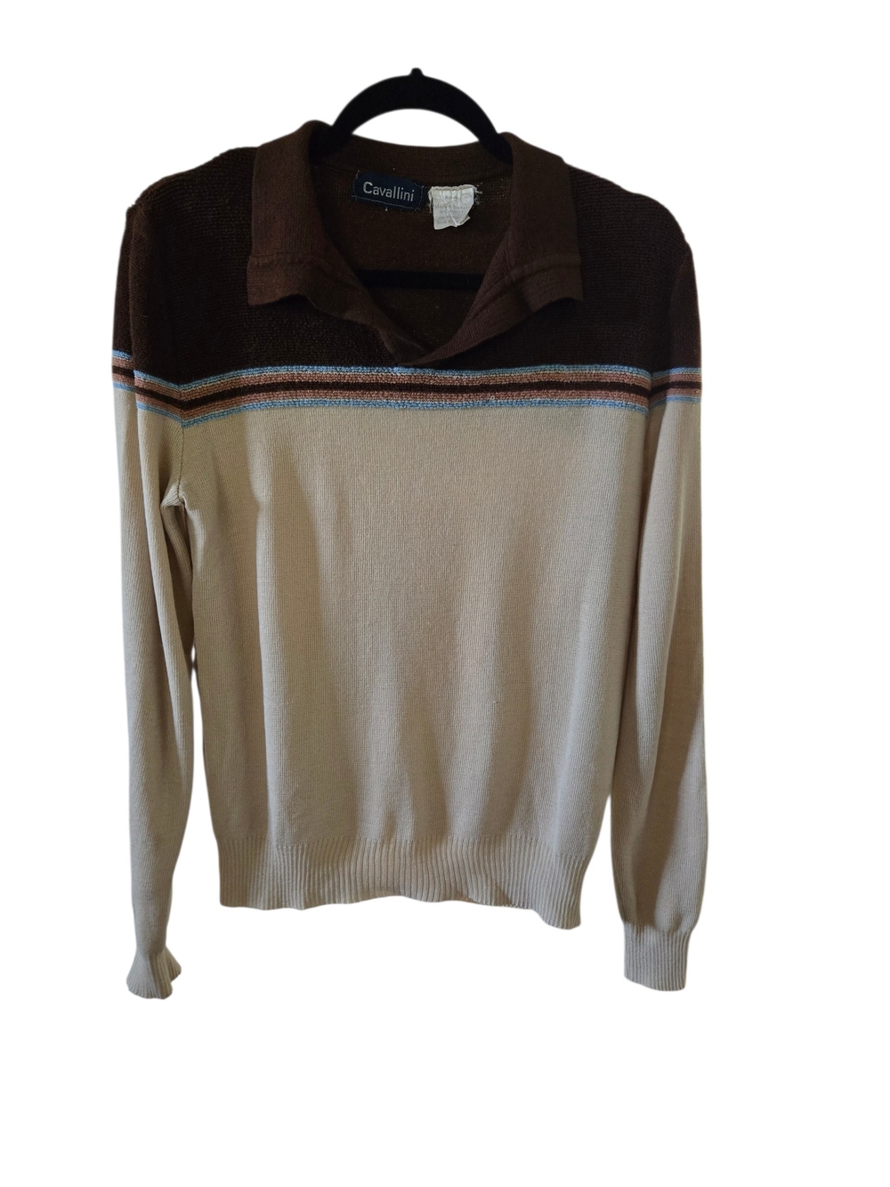 Mens Vtg 70s Cavallini Textured Knit Polo Sweater Mod Surfer Earth Tone Medium